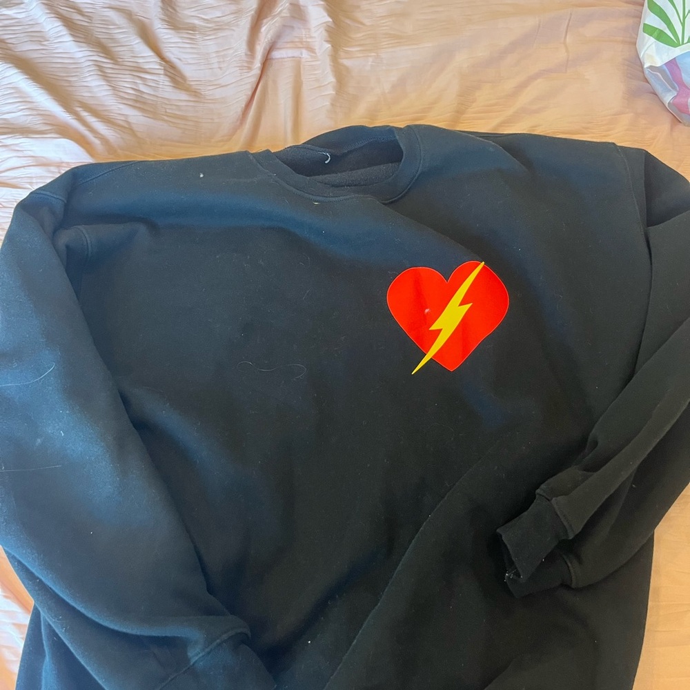 Black Sweatshirt with Red Heart and Yellow Lightning Bolt